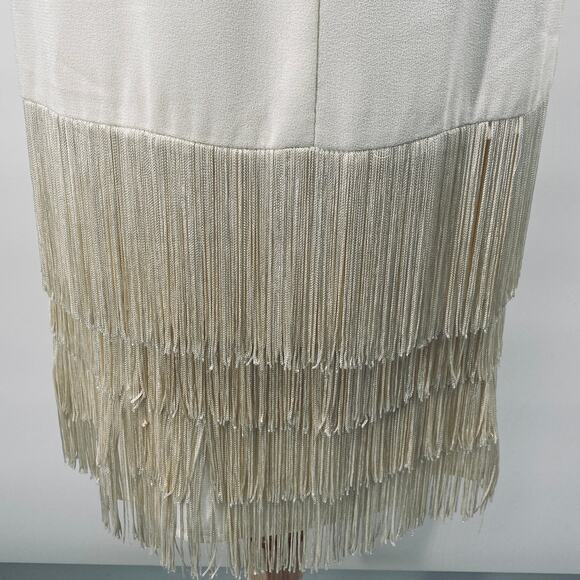 Vintage 80s Fringe Trim Dress Drop Waist Bow Detail Long Sleeves Ivory Womens 10 - Picture 10 of 12